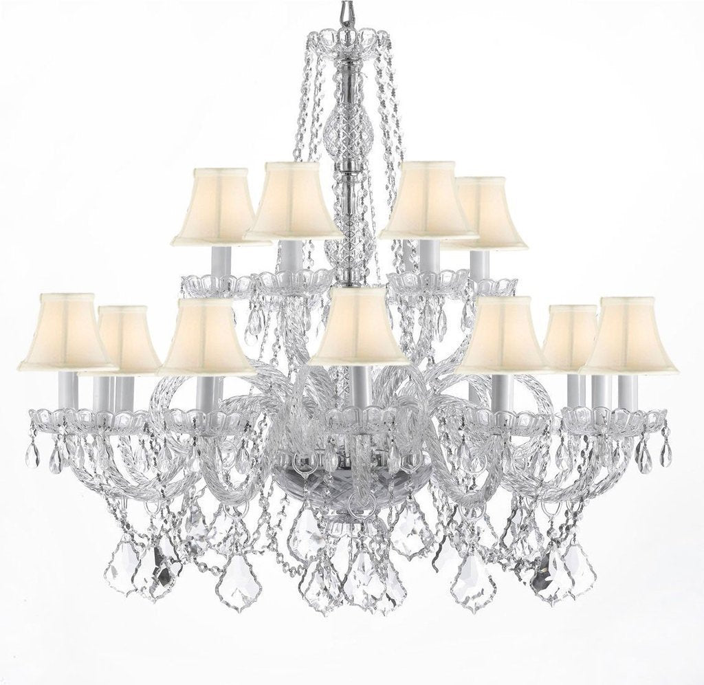 Swarovski Crystal Trimmed Chandelier Crystal Chandelier Lighting With White Shades H 38" X W 37" - A46-WHITESHADES/CS/385/9+9SW