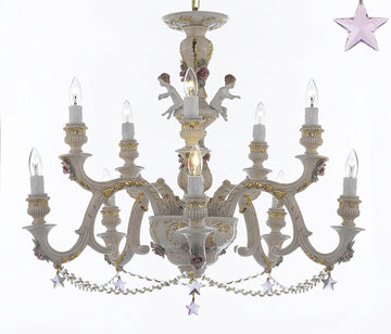 Authentic Capodimonte Porcelain Chandelier Lighting Chandeliers Cottage Chic Made in Italy, Trimmed w/ Roses & Flowers Dressed w/ Pink star Crystals - GB102-B38/B52/227/5+5