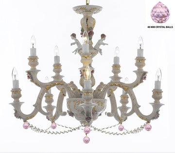 Authentic Capodimonte Porcelain Chandelier Lighting Chandeliers Cottage Chic Made in Italy, Trimmed w/ Roses & Flowers Dressed w/ Crystals and Balls - GB102-B76/B52/227/5+5
