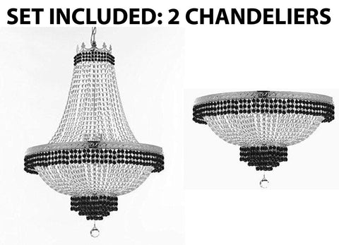 Set of 2-1 French Empire Crystal Chandelier Lighting Trimmed w/Jet Black Crystal! H30" X W24" and 1 Flush French Empire Crystal Chandelier Lighting Trimmed w/Jet Black Crystal! H18" X W24" - B79/CS/870/9 + B79/CS/FLUSH/870/9 A500-