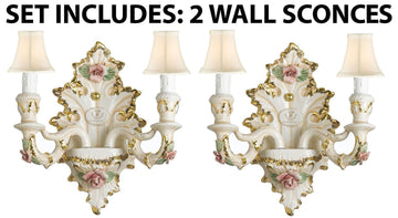 Set of 2 Authentic Capodimonte Porcelain Wall Sconce Lighting Cottage Chic Made in Italy WITH SHADES, 24K Gold Trimmed w/ Roses & Flowers - GB102/2/435/Set-of-2WHITESHADES