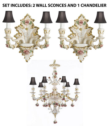 Set of 3 Authentic Capodimonte Porcelain Wall Sconce Lighting Cottage Chic Made in Italy With Shades, 24K Gold Trimmed w/ Roses & Flowers - 2EA-2/435+1EA-119/BLACKSHADES