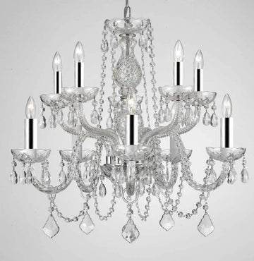 Chandelier Lighting Empress Crystal (tm) Chandeliers H25" X W24" 10 LIGHTS! SWAG PLUG IN-CHANDELIER W/14' FEET OF HANGING CHAIN AND WIRE WITH CHROME SLEEVES - A46-B43/B15/CS/1122/5+5