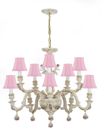 Authentic Capodimonte Porcelain Chandelier Lighting w/Cherub Angels Made in Italy Good for Dining Room, Kids Girls Bedrooms 24K Gold Trimmed w/Roses & Flowers-Limited Stock Available, w/Pink shades - GB102-SC/Pinkshades/227/5+5