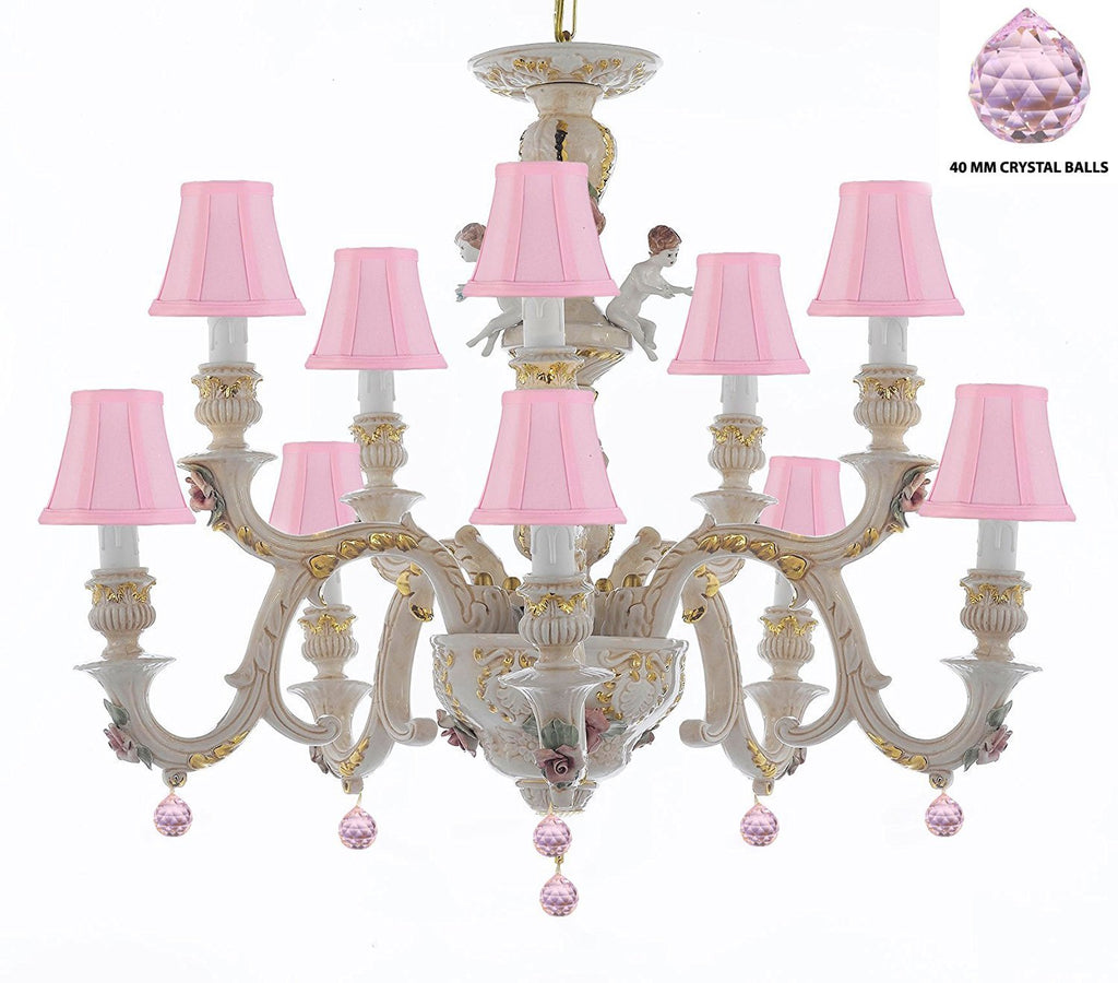Authentic Capodimonte Porcelain Chandelier Lighting Chandeliers Cottage Chic Made in Italy, Trimmed w/ Roses & Flowers Dressed w/ Pink balls Crystals With Pink Shades - GB102-SC/PINKSHADES/B76/227/5+5