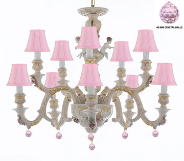 Authentic Capodimonte Porcelain Chandelier Lighting Chandeliers Cottage Chic Made in Italy, Trimmed w/ Roses & Flowers Dressed w/ Pink balls Crystals With Pink Shades - GB102-SC/PINKSHADES/B76/227/5+5