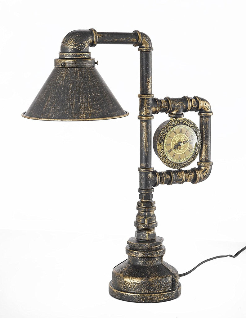 Antique reproduction Lamp Industrial Pipe Steampunk Table Lamp with Clock H 18" W 14" - G7-3228/1