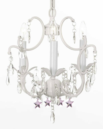 White Wrought Iron Empress Crystal(TM) Chandelier Lighting With Pink Stars H14" W11" - G7-B38/WHITE/618/3