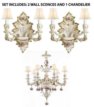 Set of 3 Authentic Capodimonte Porcelain Wall Sconce Lighting Cottage Chic Made in Italy With Shades, 24K Gold Trimmed w/ Roses & Flowers - 2EA-2/435+1EA-119/6WHITESHADES