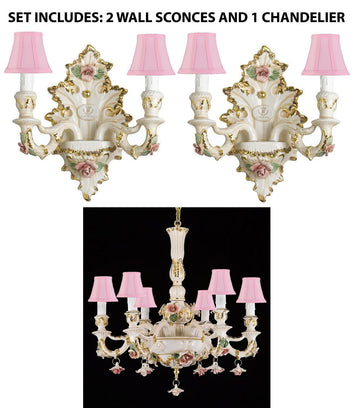 Set of 3 Authentic Capodimonte Porcelain Wall Sconce Lighting Cottage Chic Made in Italy With Shades, 24K Gold Trimmed w/ Roses & Flowers - 2EA-2/435+1EA-435/6PINKSHADES