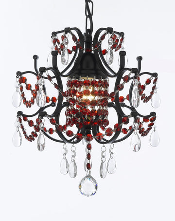 CHANDELIER WROUGHT IRON CRYSTAL CHANDELIERS H14" W11" - DRESSED WITH RUBY RED CRYSTAL SWAG PLUG IN-CHANDELIER W/ 14' FEET OF HANGING CHAIN AND WIRE - J10-B16/B81/26030/1