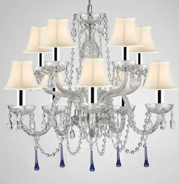 Murano Venetian Style All Crystal Chandelier Lighting W/Blue Crystals w/Chrome Sleeves H 25" x W 24" with White Shade - G46-B43/SC/WHITESHADE/B33/1122/5+5