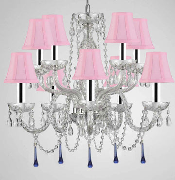 Murano Venetian Style All Crystal Chandelier Lighting W/Blue Crystals w/Chrome Sleeves H 25" x W 24" with Pink Shade - G46-B43/SC/PINKSHADE/B33/1122/5+5