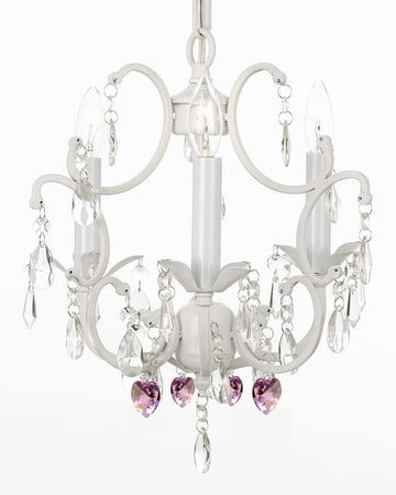 WHITE WROUGHT IRON CRYSTAL MINI CHANDELIER W/ PINK CRYSTAL HEARTS H14" x W11" - G7-B21/WHITE/618/3