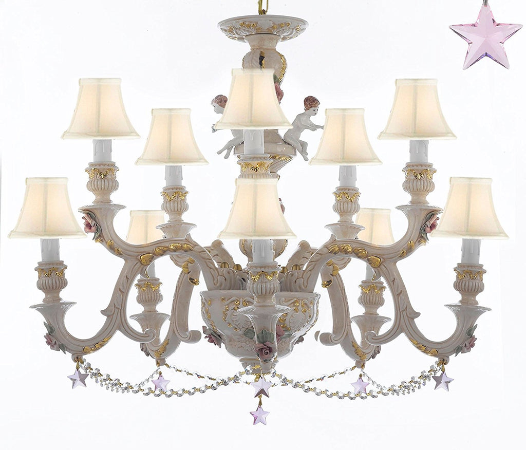 Authentic Capodimonte Porcelain Chandelier Lighting Chandeliers Cottage Chic Made in Italy, Trimmed w/ Roses & Flowers Dressed w/ Pink Stars Crystals With White Shades - GB102-SC/WHITESHADES/B38/B52/227/5+5