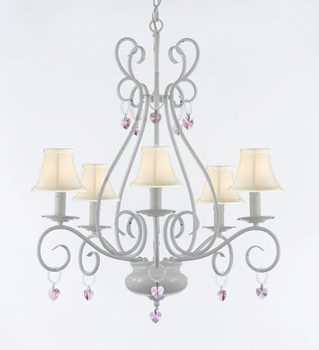 WROUGHT IRON CHANDELIER WITH PINK Hearts  - P7-/White/B21/441/5 /Whiteshades