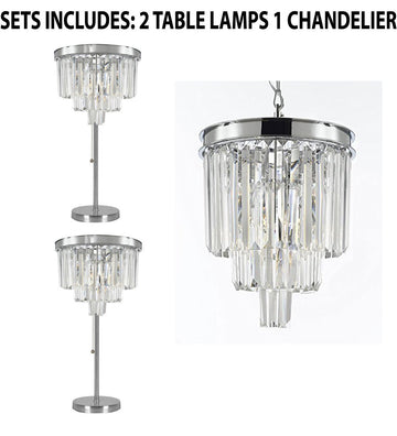 Set of 3 - 2 Palladium Empress Crystal (tm) Glass Fringe 3-tier Table Lamp Lighting - H 32" W14" and 1 Palladium Empress Crystal (Tm) Glass Fringe 3-tier Chandelier Chandeliers Lighting Chrome Finish H15" W12 - 2EA TL/26042/3 + 1EA 26042/3