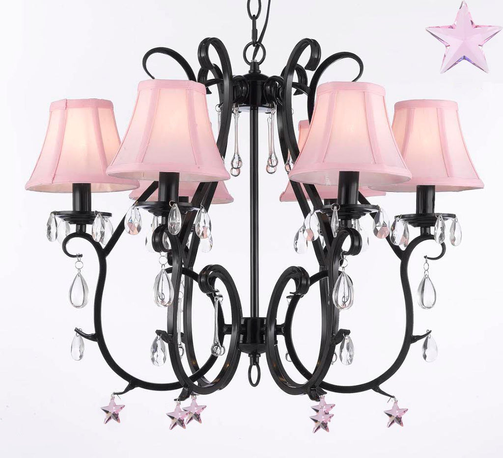 Wrought Iron Chandelier Chandeliers Lighting W/ Pink Empress Crystal(TM) Stars And Pink Shades - For Nursery, Kids, Girls Bedrooms, Kitchen, Etc - A7-B38/SC/406/6