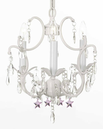 White Wrought Iron Crystal Chandelier Lighting with Pink Stars H14" W11" Swag Plug In-chandelier w/ 14' Feet of Hanging Chain and Wire - G7-B17/B38/WHITE/618/3