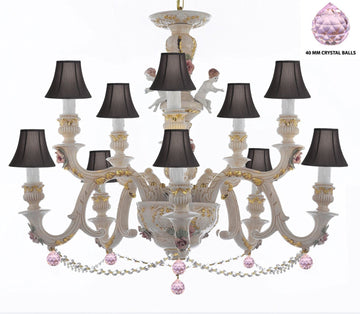 Authentic Capodimonte Porcelain Chandelier Lighting Chandeliers Cottage Chic Made in Italy, Trimmed w/ Roses & Flowers Dressed w/ Crystals and Balls With Black Shades - GB102-SC/BLACKSHADES/B76/B52/227/5+5