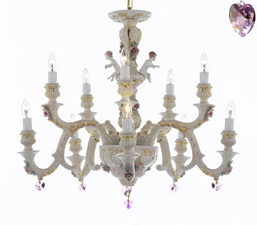 Authentic Capodimonte Porcelain Chandelier Lighting Chandeliers Cottage Chic Made in Italy, Trimmed w/ Roses & Flowers Dressed w/ Pink Hearts Crystals - GB102-B21/227/5+5