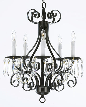 Wrought Iron Crystal Chandelier Lighting Country French 5 Light Ceiling Fixture Wrought Country French Mini Kitchen - CL/30175/5 BK