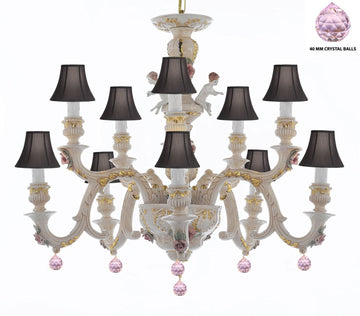 Authentic Capodimonte Porcelain Chandelier Lighting Chandeliers Cottage Chic Made in Italy, Trimmed w/ Roses & Flowers Dressed w/ Pink Balls Crystals With Black Shades - GB102-SC/BLACKSHADES/B76/227/5+5