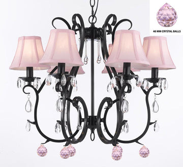 Wrought Iron Empress Crystal (TM) Chandelier Lighting W/ Pink Crystal Balls and Pink Shades - For Nursery, Kids, Girls Bedrooms, Kitchen, Etc - A7-B76/PINKSHADES/406/6