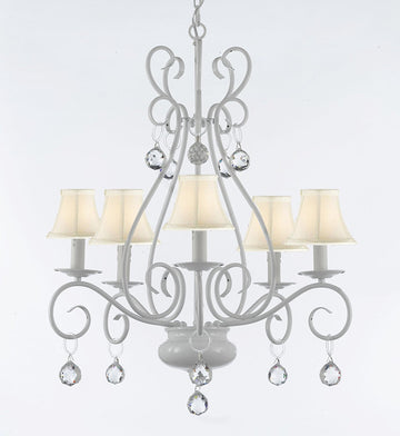 WROUGHT IRON CHANDELIER WITH CRYSTAL BALLS With White Shade - P7-Sc/White/B6/441/5/Whiteshades