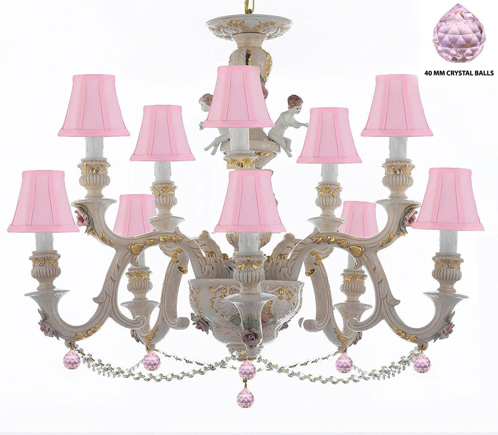Authentic Capodimonte Porcelain Chandelier Lighting Chandeliers Cottage Chic Made in Italy, Trimmed w/ Roses & Flowers Dressed w/ Crystals and Balls With Pink Shades - GB102-SC/PINKSHADES/B76/B52/227/5+5