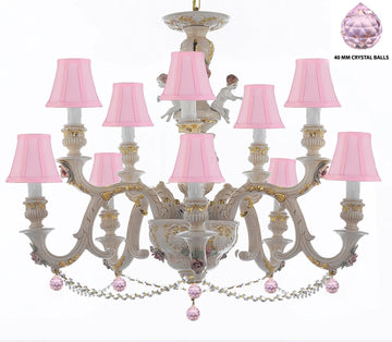 Authentic Capodimonte Porcelain Chandelier Lighting Chandeliers Cottage Chic Made in Italy, Trimmed w/ Roses & Flowers Dressed w/ Crystals and Balls With Pink Shades - GB102-SC/PINKSHADES/B76/B52/227/5+5