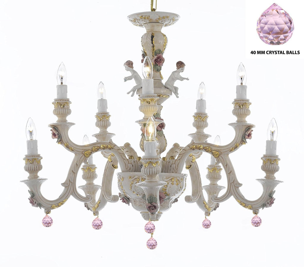 Authentic Capodimonte Porcelain Chandelier Lighting Chandeliers Cottage Chic Made in Italy, Trimmed w/ Roses & Flowers Dressed w/ Pink Ball Crystals - GB102-B76/227/5+5