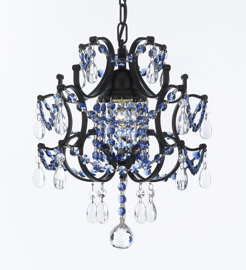 CHANDELIER WROUGHT IRON CRYSTAL CHANDELIERS H14" W11" - DRESSED WITH SAPPHIRE BLUE CRYSTAL SWAG PLUG IN-CHANDELIER W/ 14' FEET OF HANGING CHAIN AND WIRE - J10-B16/B82/26030/1