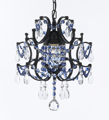 CHANDELIER WROUGHT IRON CRYSTAL CHANDELIERS H14" W11" - DRESSED WITH SAPPHIRE BLUE CRYSTAL SWAG PLUG IN-CHANDELIER W/ 14' FEET OF HANGING CHAIN AND WIRE - J10-B16/B82/26030/1
