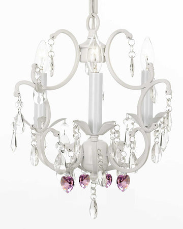 White Wrought Iron Crystal Mini Chandelier w/ Pink Crystal Hearts H14" X W11" Swag Plug In-chandelier w/ 14' Feet of Hanging Chain and Wire - G7-B17/B21/WHITE/618/3