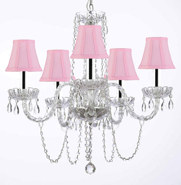Murano Venetian Style All-crystal Chandelier with Pink Shades w/Chrome Sleeves H25" W24" - G46-B43/SC/PINKSHADE/381/5