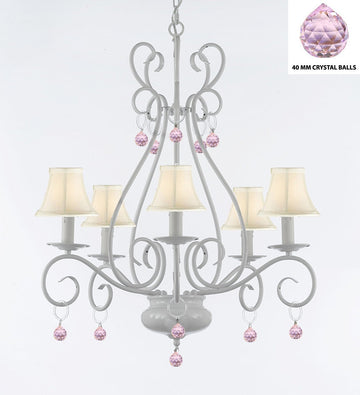 WROUGHT IRON CHANDELIER WITH PINK BALLS  - P7-/White/B76/441/5 /Whiteshades