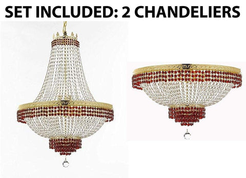 Set of 2-1 Moroccan Style French Empire Crystal Chandelier Lighting Trimmed w/Ruby Red Crystal! H30" X W24" & 1 Flush French Empire Crystal Chandelier Lighting Trimmed w/Ruby Red Crystal! H18" X W24 - B74/CG/870/9 + B74/CG/FLUSH/870/9 A500-