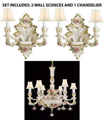 Set of 3 Authentic Capodimonte Porcelain Wall Sconce Lighting Cottage Chic Made in Italy With Shades, 24K Gold Trimmed w/ Roses & Flowers - 2EA-2/435+1EA-435/6WHITESHADES