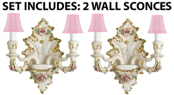 Set of 2 Authentic Capodimonte Porcelain Wall Sconce Lighting Cottage Chic Made in Italy WITH SHADES, 24K Gold Trimmed w/ Roses & Flowers - GB102/2/435/Set-of-2PINKSHADES