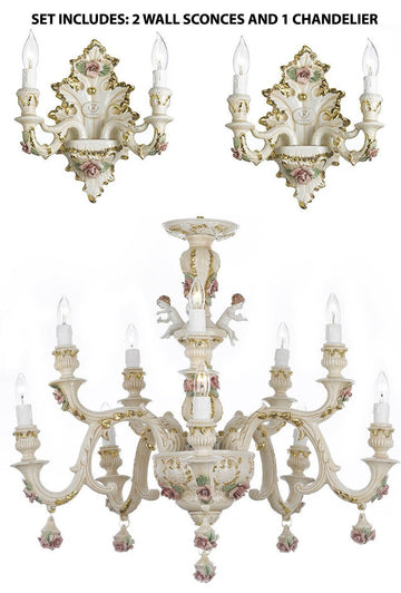 Set of 3 Authentic Capodimonte Porcelain Wall Sconce with Chandelier Lighting w/ Cherub Angels Made in Italy Good for Dining Room, Kids & Girls Bedrooms 24K Gold Trimmed w/ Roses & Flowers - 2EA WALLSCONCE/2/435 + 1EA 227/5+5