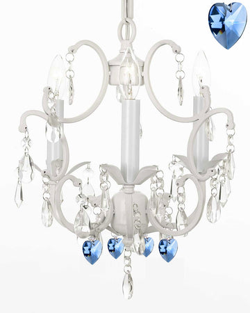 White Wrought Iron Crystal Mini Chandelier w/ Blue Crystal Hearts H14" X W11" Swag Plug In-chandelier w/ 14' Feet of Hanging Chain and Wire - G7-B17/B85/WHITE/618/3
