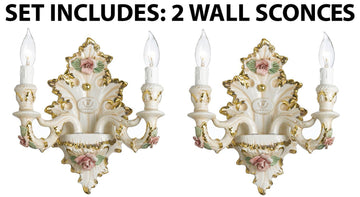 Set of 2 Authentic Capodimonte Porcelain Wall Sconce Lighting Cottage Chic Made in Italy, 24K Gold Trimmed w/ Roses & Flowers - GB102-WALLSCONCE/2/435-Set of 2