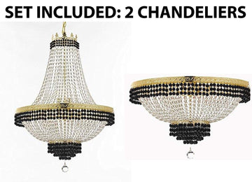Set of 2-1 French Empire Crystal Chandelier Lighting Trimmed w/Jet Black Crystal! H36" X W30" and 1 Flush French Empire Crystal Chandelier Trimmed with Jet Black Crystal! H18" X W24" - B79/CG/870/14 + B79/CG/FLUSH/870/9 A500-