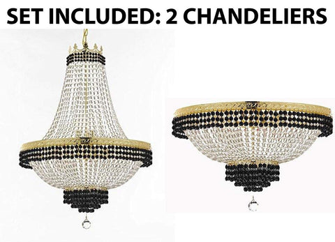 Set of 2-1 French Empire Crystal Chandelier Lighting Trimmed w/Jet Black Crystal! H30" X W24" and 1 Flush French Empire Crystal Chandelier Trimmed with Jet Black Crystal! H18" X W24" - B79/CG/870/9 + B79/CG/FLUSH/870/9 A500-