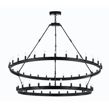 Inspired Camino Style Chandelier - Two Tier Wagon Wheel, Wrought Iron Rustic Industrial Lighting W63" x H60"