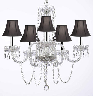 Murano Venetian Style All-crystal Chandelier with Black Shades w/Chrome Sleeves H25" W24" - G46-B43/SC/BLACKSHADE/381/5