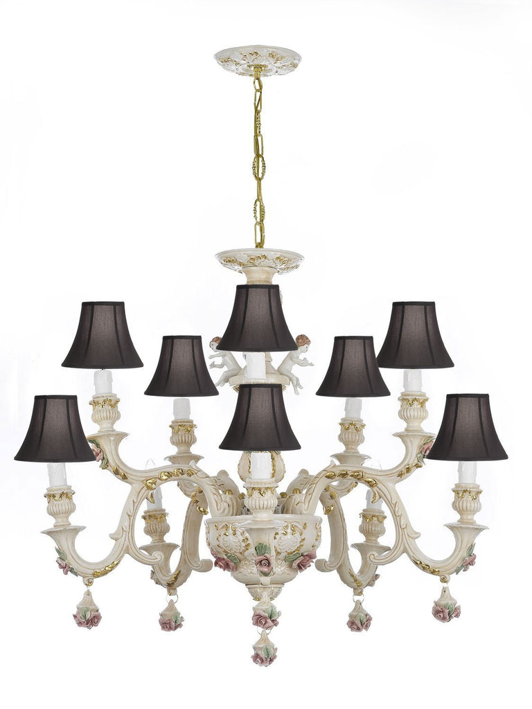 Authentic Capodimonte Porcelain Chandelier Lighting w/Cherub Angels Made in Italy Good for Dining Room, Kids Girls Bedrooms 24K Gold Trimmed w/Roses & Flowers-Limited Stock Available, w/Black shades - GB102-SC/Blackshades/227/5+5