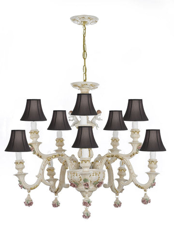 Authentic Capodimonte Porcelain Chandelier Lighting w/Cherub Angels Made in Italy Good for Dining Room, Kids Girls Bedrooms 24K Gold Trimmed w/Roses & Flowers-Limited Stock Available, w/Black shades - GB102-SC/Blackshades/227/5+5