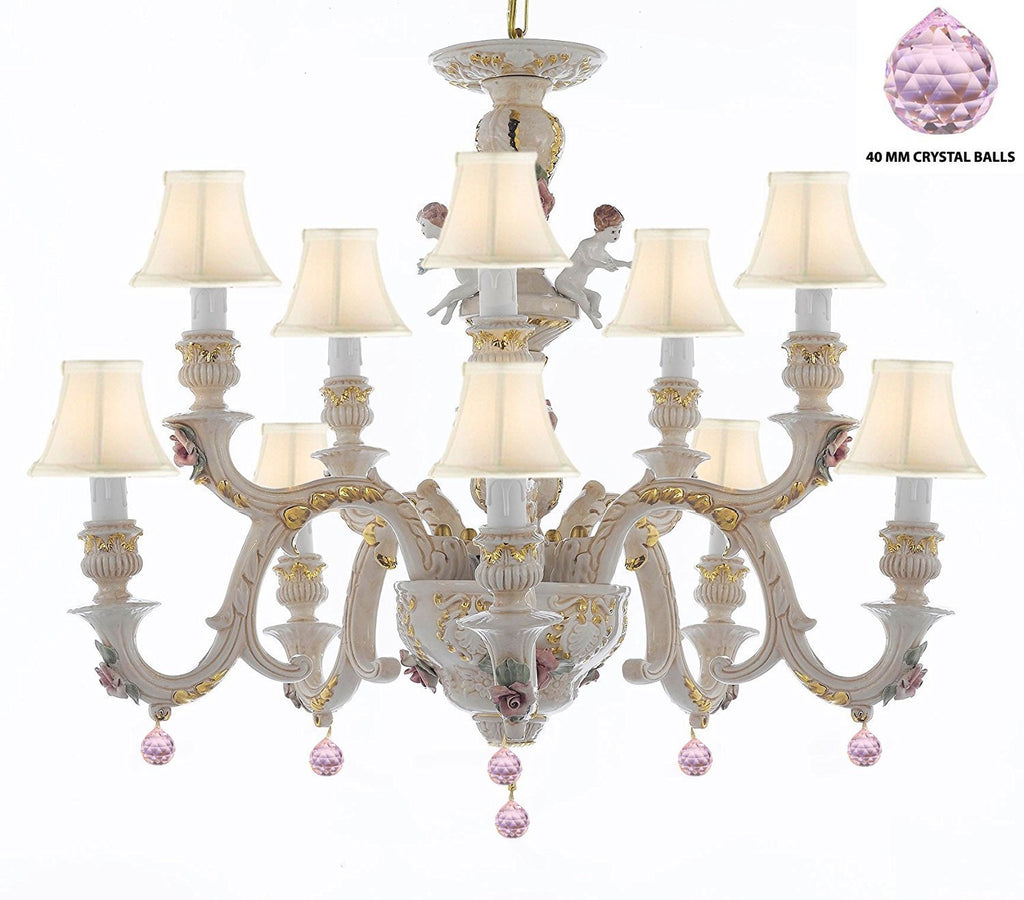 Authentic Capodimonte Porcelain Chandelier Lighting Chandeliers Cottage Chic Made in Italy, Trimmed w/ Roses & Flowers Dressed w/ Pink Balls Crystals With White Shades - GB102-SC/WHITESHADES/B76/227/5+5